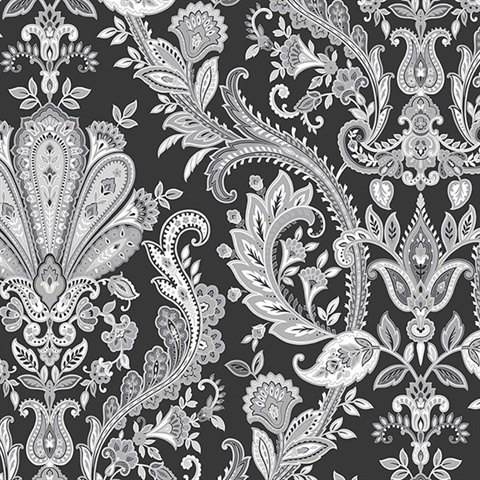 Jacobean Purple Grey & Black Paisley Wallpaper