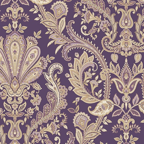Jacobean Purple Metallic Gold Paisley Wallpaper