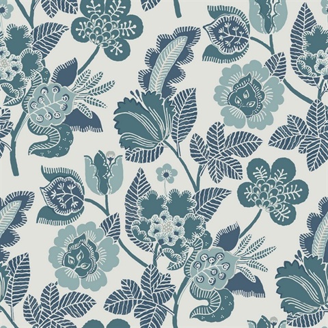 Jana Teal Jacobean Floral Wallpaper