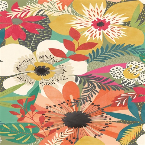 Janis Olive Floral Riot Wallpaper