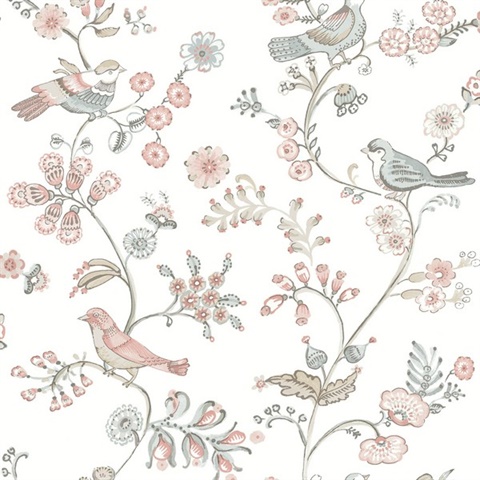 Jinjur Blush Bird Trail Floral Leaf Wallpaper