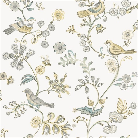 Jinjur Light Yellow Bird Trail Floral Leaf Wallpaper