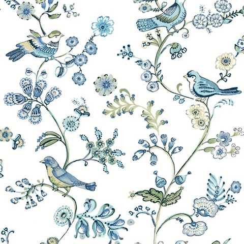 Jinjur Teal Bird Trail Floral Leaf Wallpaper