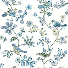 Jinjur Teal Bird Trail Floral Leaf Wallpaper