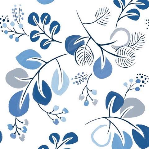 Jonah Blue Large Painted Leaf  Wallpaper