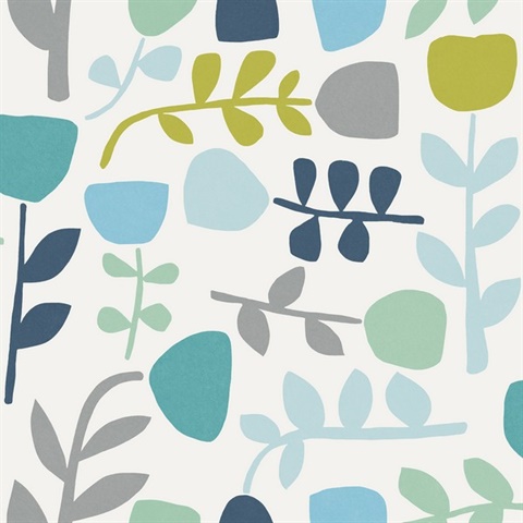 Juni Teal Large Abstract Tulips Block Print Wallpaper