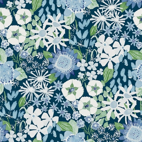 Karina Blue Watercolor Wildflower Floral Wallpaper
