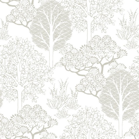 White & Champagne Kimono Asian Motif Tree Branches Wallpaper