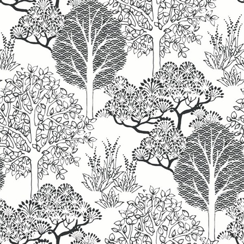 Black & White Kimono Asian Motif Tree Branches Wallpaper