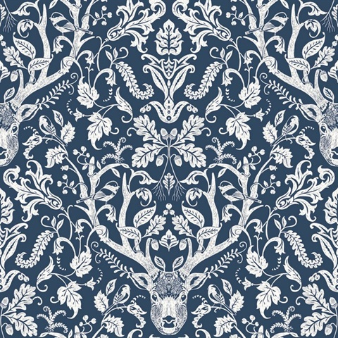 Kiwassa Navy Blue Antler Damask Wallpaper