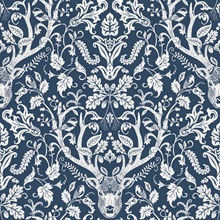 Kiwassa Navy Blue Antler Damask Wallpaper