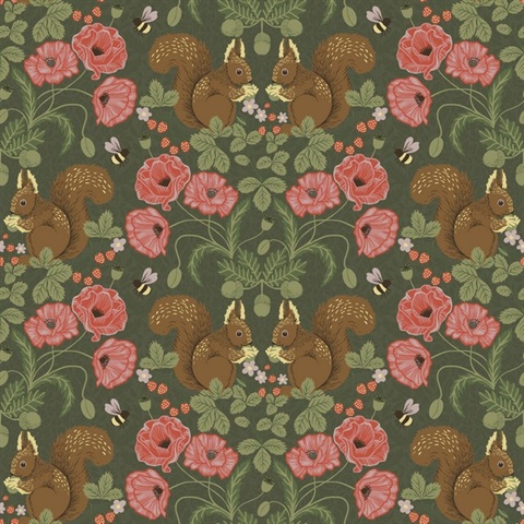 Kurre Dark Green Woodland Squirrel Wallpaper