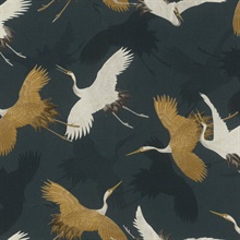 Kusama Dark Blue Painterly Textured Crane Wallpaper