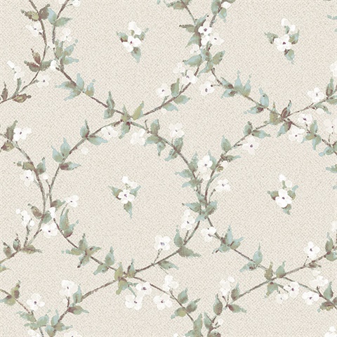 Laurel Vines Turquoise, White & Grey Wallpaper