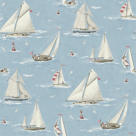 Leeward Light Blue Sailboat Watercolor Paint Nautical Wallpaper