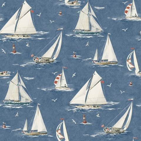 Leeward Navy Sailboat Watercolor Paint Nautical Wallpaper