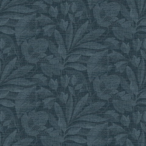 Lei Navy Blue Textured Etched Leaves Wallpaper