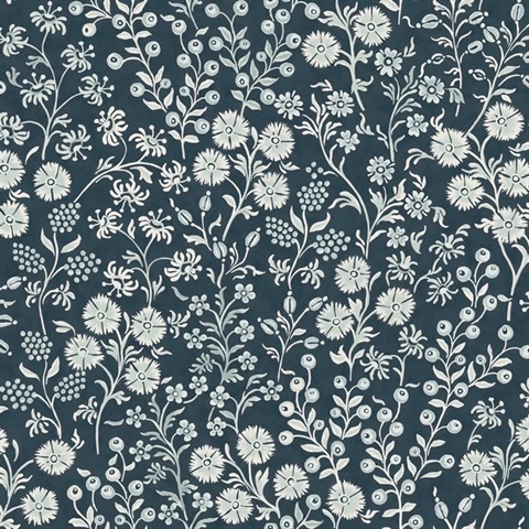 Liana Indigo Raised Berry & Floral  Wallpaper