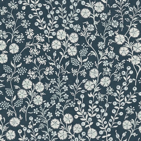 Liana Indigo Raised Berry & Floral  Wallpaper