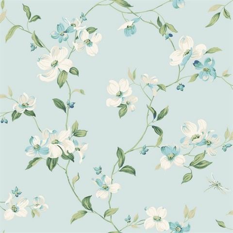 Light Blue Acrylic Texture Dogwood Floral & Leaf Wallpaper