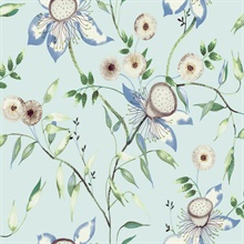 Light Blue Artistic Floral &amp; Leaf Wallpaper