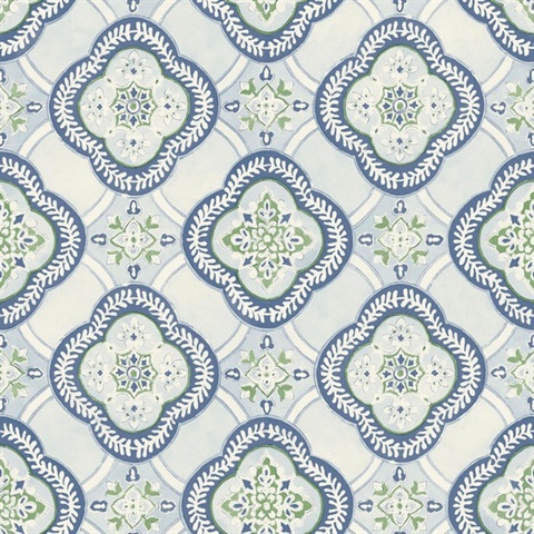 Light Blue Garden Trellis Medallion Wallpaper