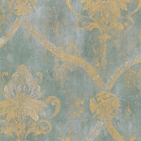 Light Blue &amp; Gold Large Weathered Damask Wallpaper