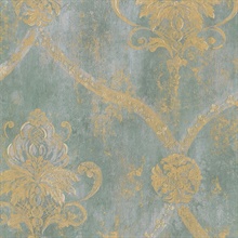 Light Blue &amp; Gold Large Weathered Damask Wallpaper