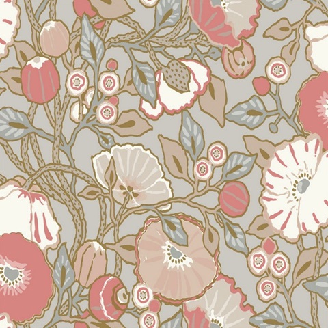 Light Blue & Pink Vincent Poppies Floral Wallpaper