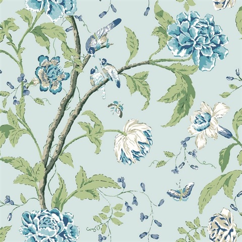 Light Blue Screenprint & Painted Floral & Leaf Wallpaper