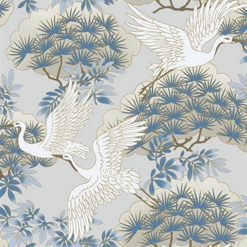 Light Blue Sprig & Heron Wallpaper