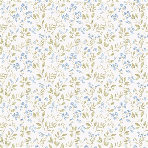 Light Blue Spring Leaf & Floral Trail Wallpaper