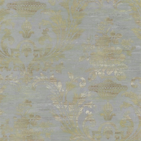 Light Blue Weathered Linen Damask Wallpaper