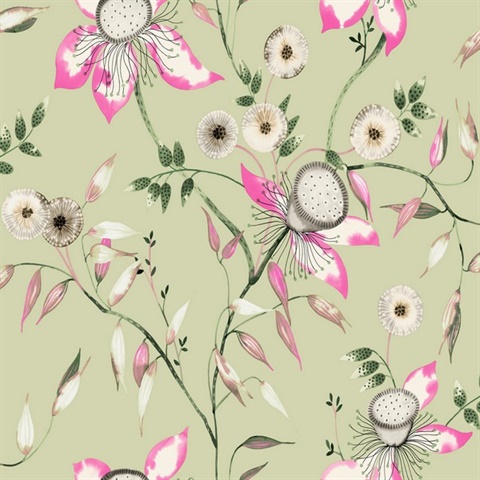 Light Green Artistic Floral & Leaf Wallpaper