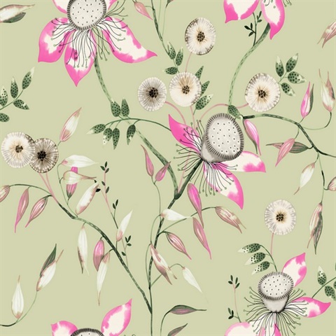 Light Green Artistic Floral & Leaf Wallpaper