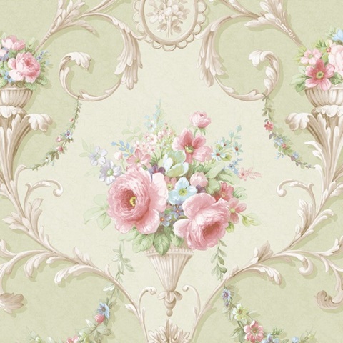 Light Green & Pink Ornate Floral Scroll Wallpaper
