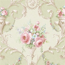 Light Green & Pink Ornate Floral Scroll Wallpaper