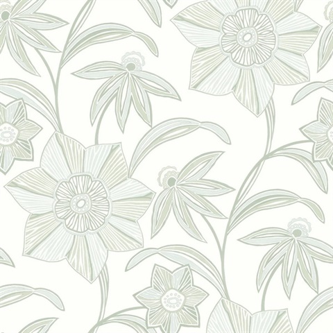 Light Green Star Flower Coastal Floral Wallpaper