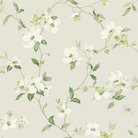 Light Grey Acrylic Texture Dogwood Floral & Leaf Wallpaper