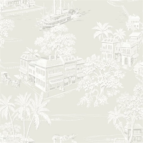 Light Grey & White Old Colonial Charleston Town Toile Wallpaper
