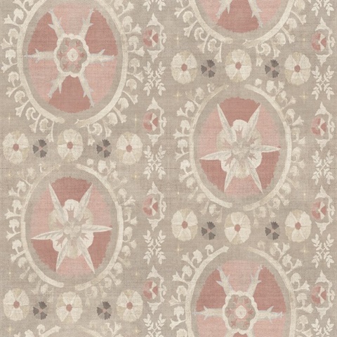 Light Pink Fleurus Vintage Tribal Neddlework Wallpaper