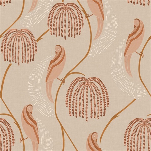 Light Pink & Neutral Blaise Bird & Bontantical Stripe Wallpaper
