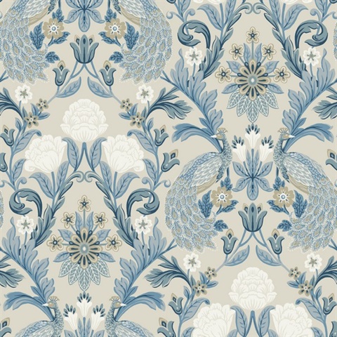Light Taupe & Blue Plume Dynasty Peacock Wallpaper