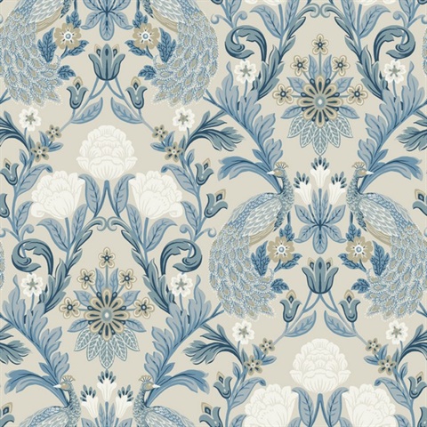 Light Taupe & Blue Plume Dynasty Peacock Wallpaper