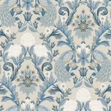 Light Taupe &amp; Blue Plume Dynasty Peacock Wallpaper