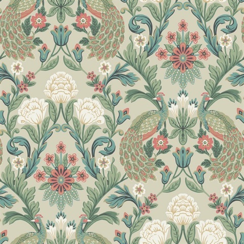 Light Taupe & Green Plume Dynasty Peacock Wallpaper
