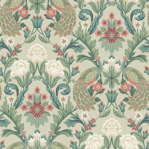 Light Taupe & Green Plume Dynasty Peacock Wallpaper
