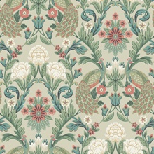 Light Taupe & Green Plume Dynasty Peacock Wallpaper
