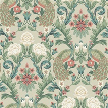 Light Taupe &amp; Green Plume Dynasty Peacock Wallpaper