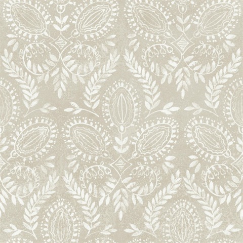 Light Taupe Laurel Leaf Damask Wallpaper